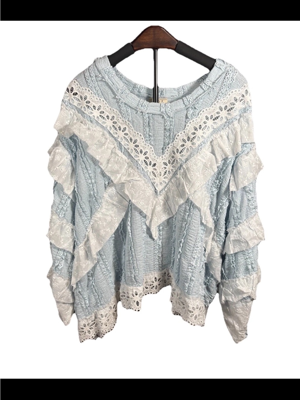 POL Light Blue and White Lace Ruffle Sweatshirt